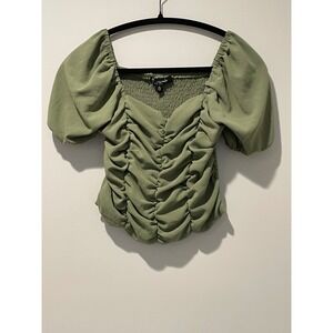 Ruched Puff Sleeve Top Green Smocked‎ Square Neck Blouse